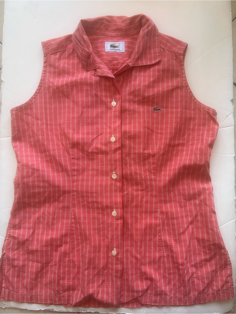 Lacoste Coral Plaid Sleeveless Button-Down Shirt